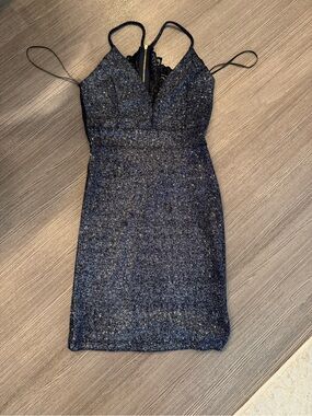 Windsor Glittery Navy Lace-Trim Spaghetti-Strap Mini Dress